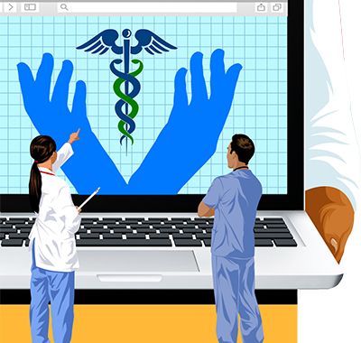 two doctors looking at a laptop screen with hands holding the medical symbol