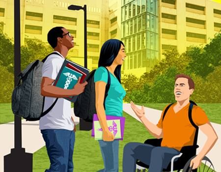 illustration of students standing and in a wheelchair talking outside of Ross Hall