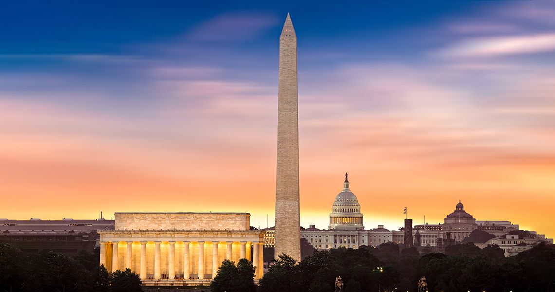 Washington DC skyline with a sunset in the sky