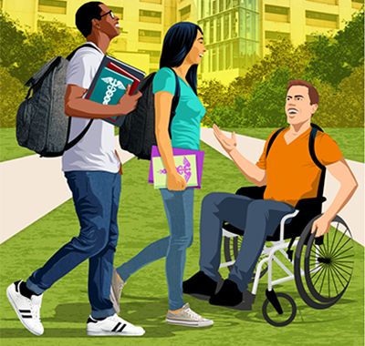 illustration of students standing and in a wheelchair talking outside of Ross Hall