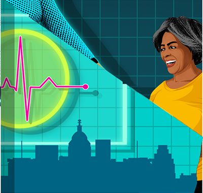 woman walking with DC skyline and heart rate symbol